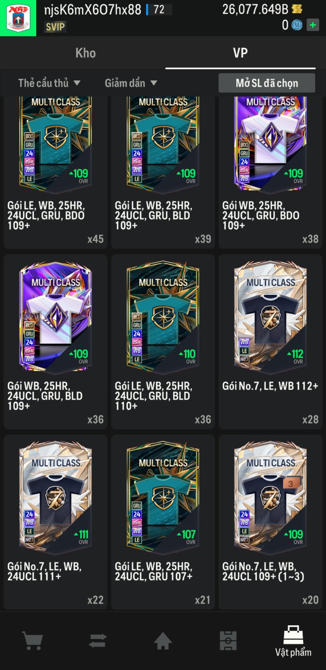 Ảnh ACC mở thẻ (LOẠI SVIP) bao gồm 1 gói thẻ +12 và 500+ đến 600+ thẻ cầu thủ từ Siêu sao đến Miền núi các loại. Có sẵn BP trắng trong acc từ 18.000 tỷ BP đến 26.000 tỷ BP, kèm theo nhiều ngày SVIP